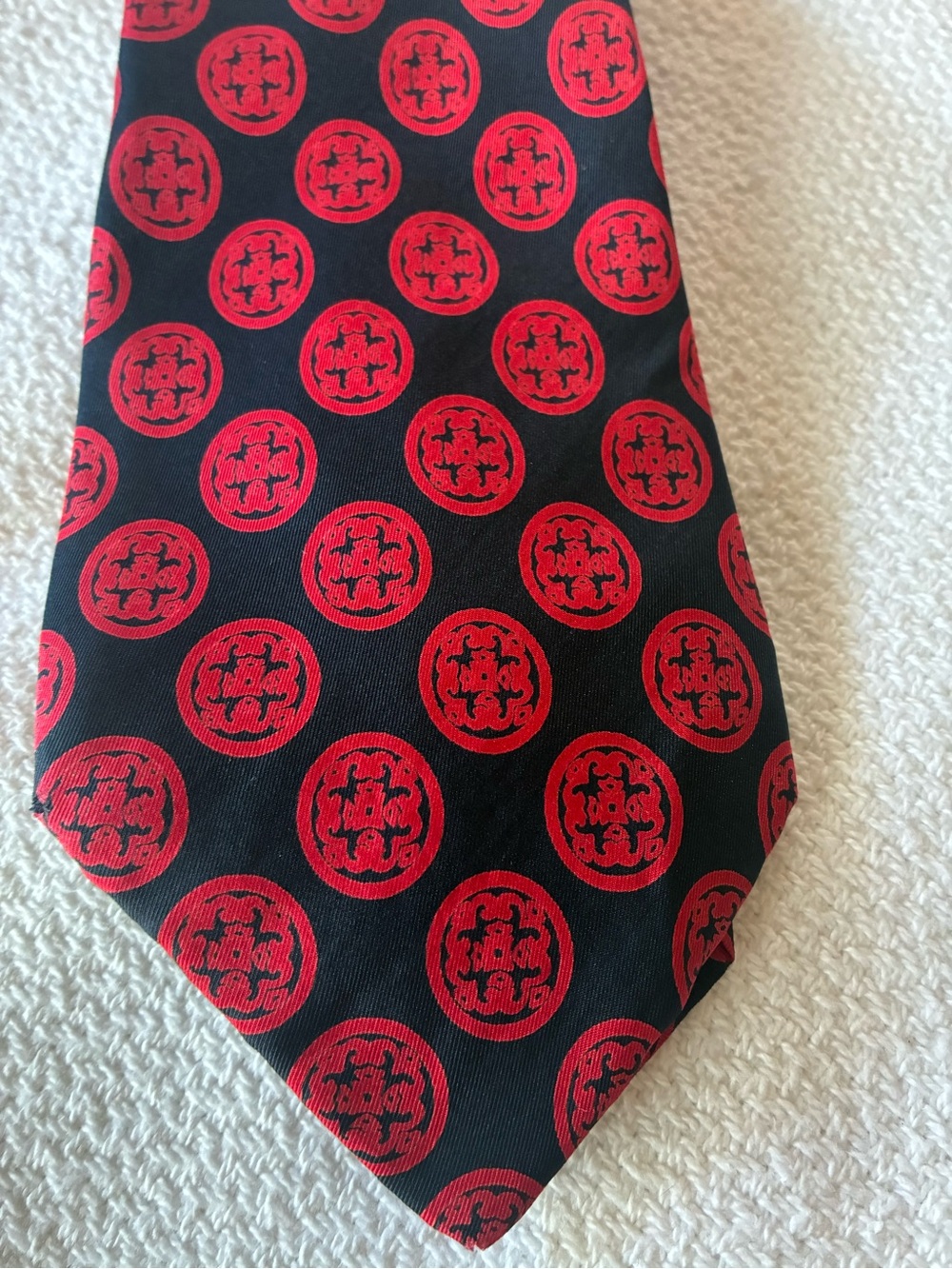 Jean Patou Made in France Black Silk Tie with Red Circle Medallion Pattern